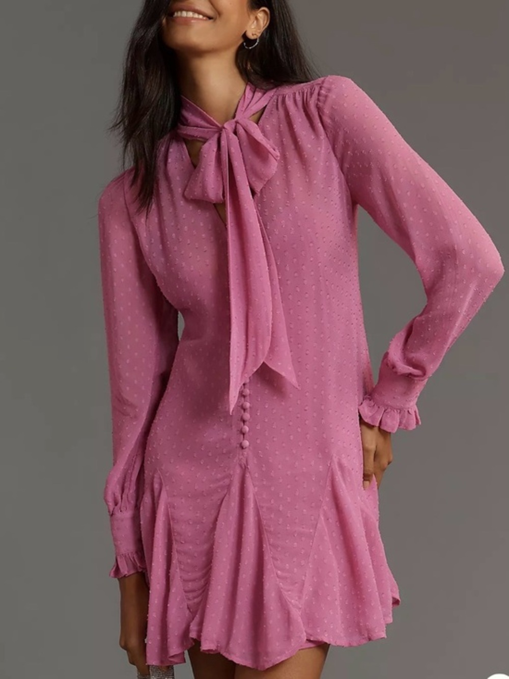 Anthropologie Rose-Pink Tie-Neck Long Sleeve Mini Dress